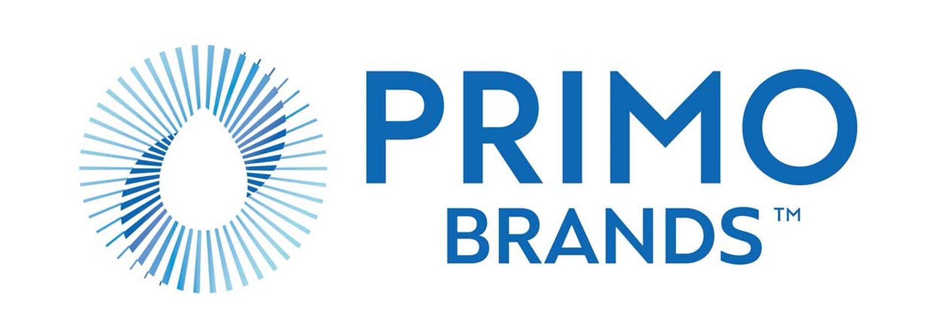 Logo displaying "PRIMO BRANDS" in blue text, featuring a stylized circular design with radiating blue lines.